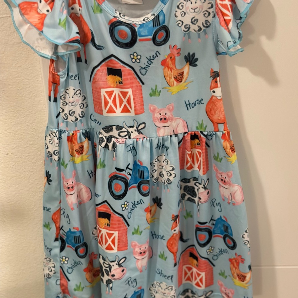 Charming Blue Farmyard Kids Dress